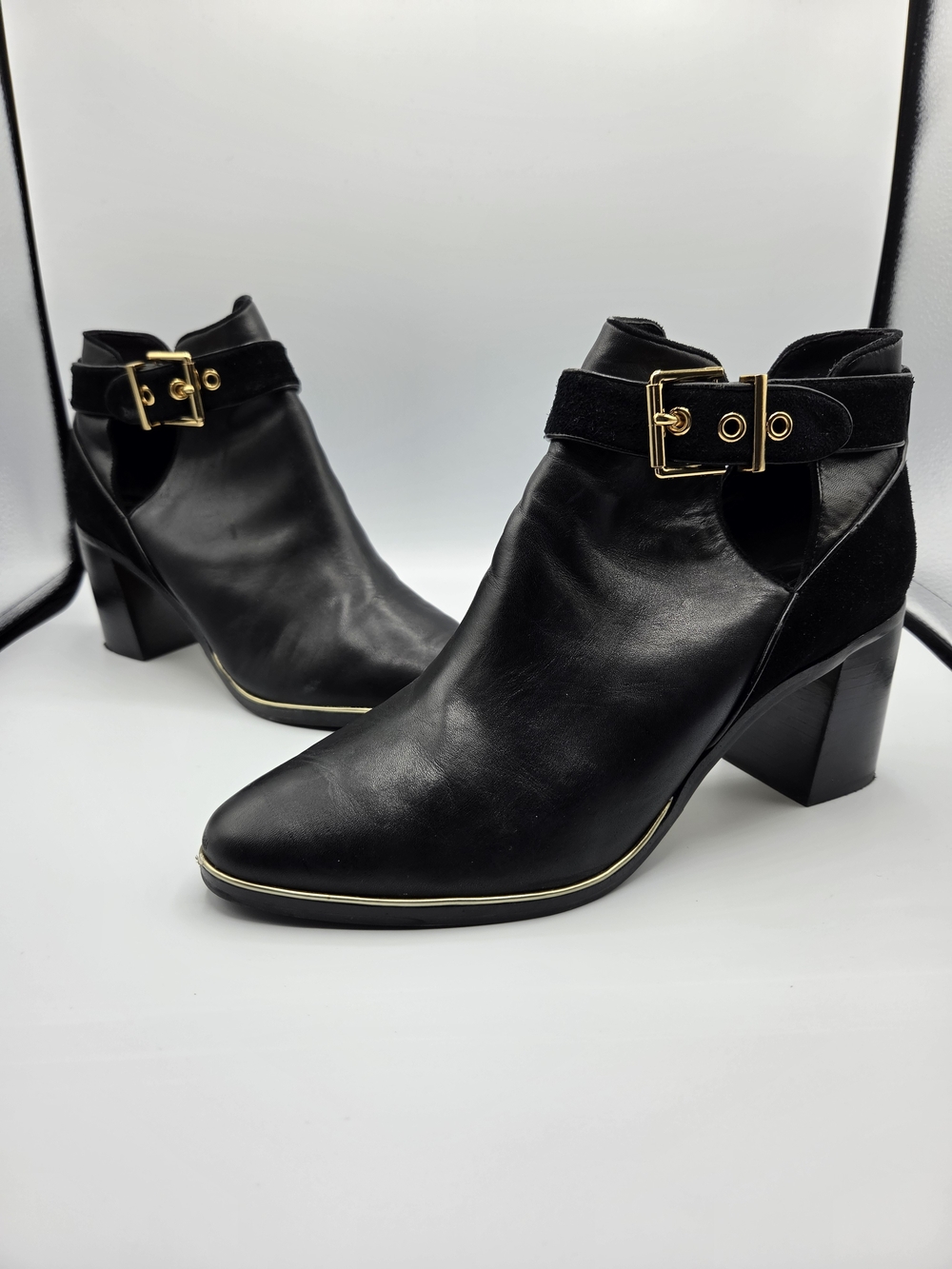 Ted Baker Black Leather Ankle Boots with Gold Buckle
